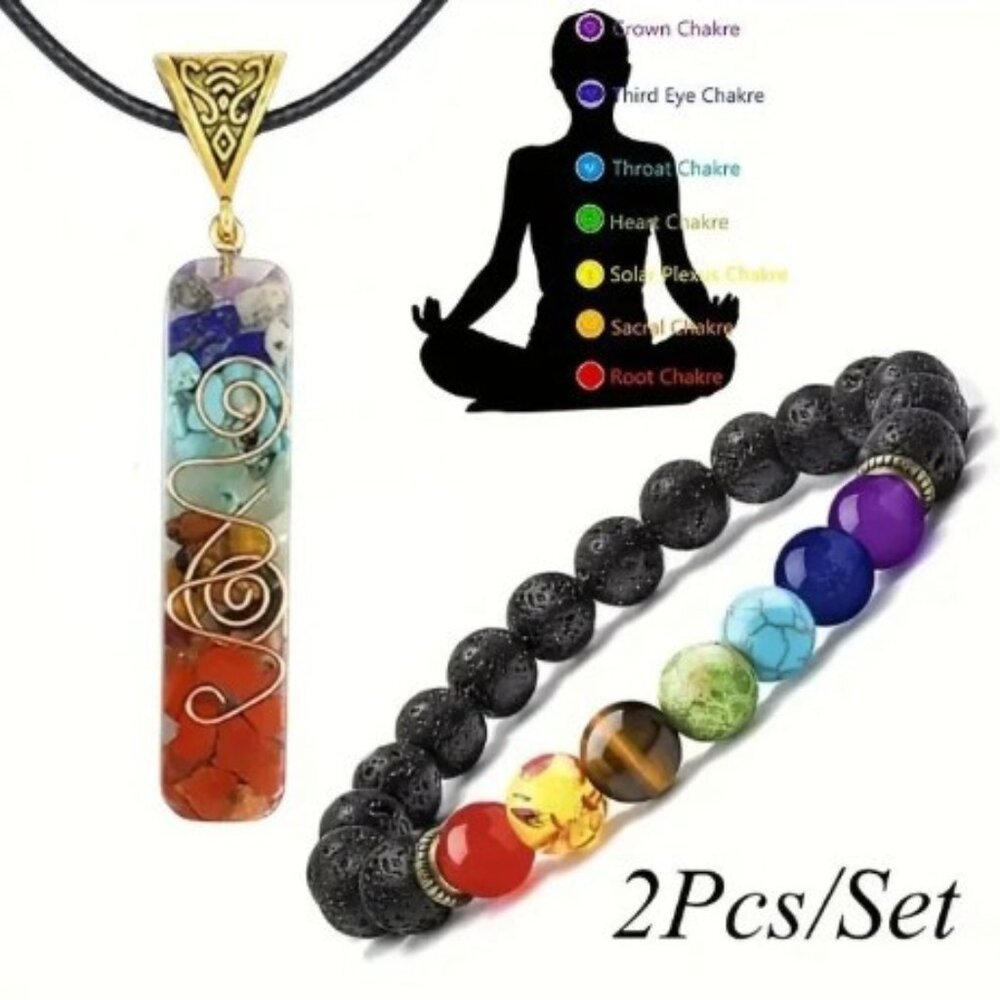 2pcs/set Seven Chakras Yoga Colorful Stone Pendants Necklace, Volcanic Stone